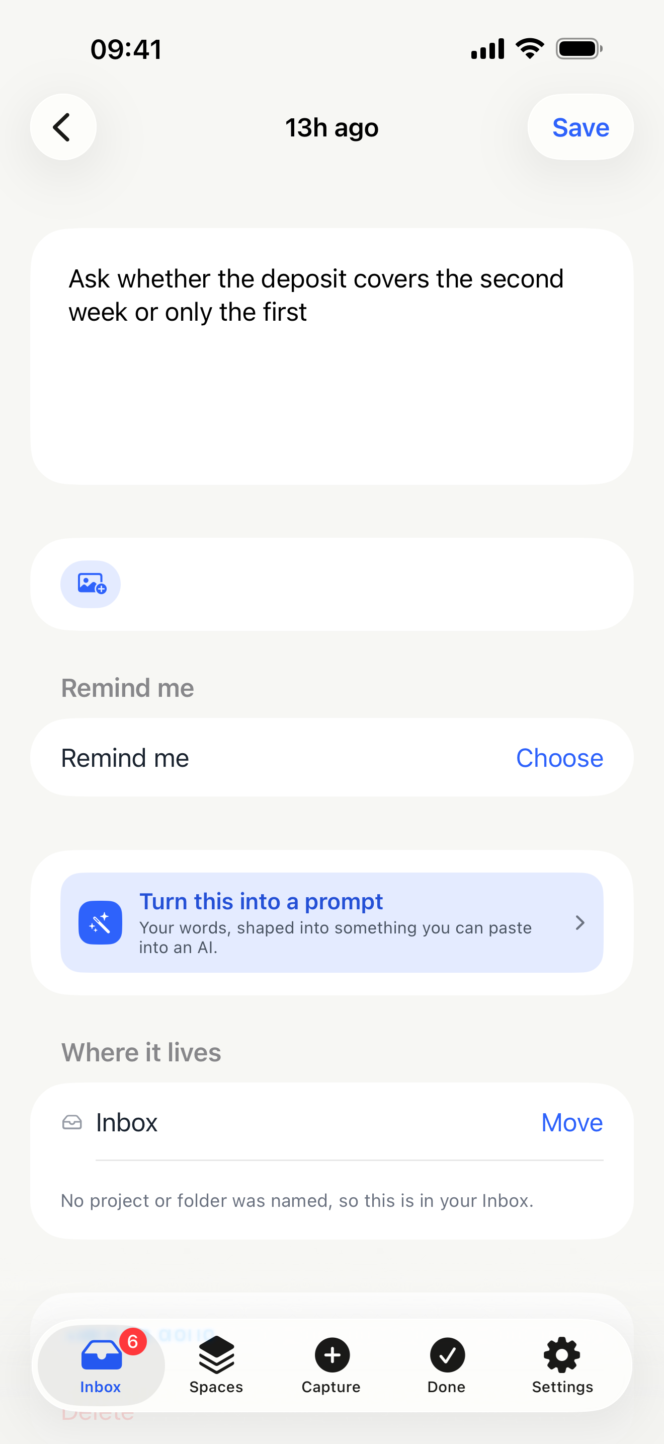 A note opened: its words, a reminder, and a button that turns it into a prompt.
