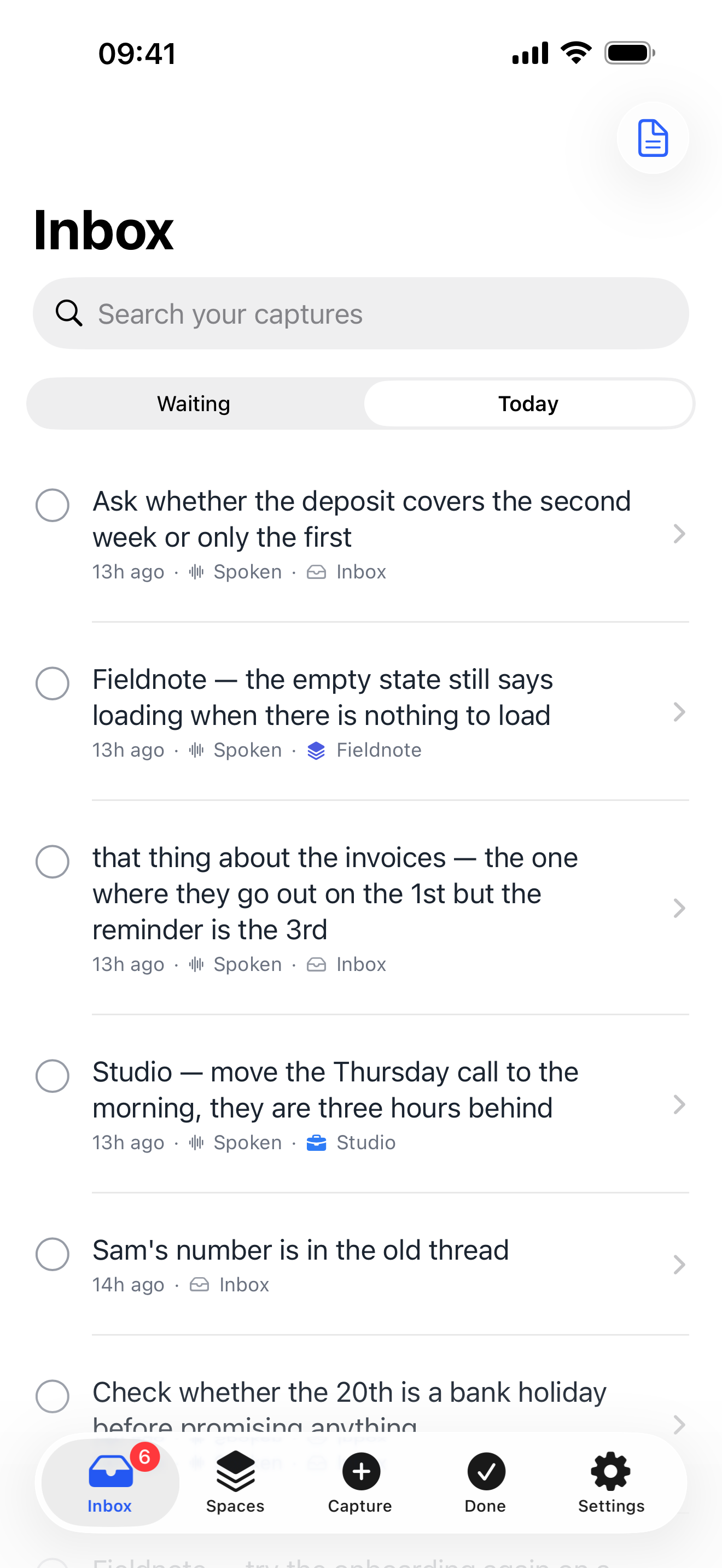 The Today view: everything captured today, each note showing the project it landed in.